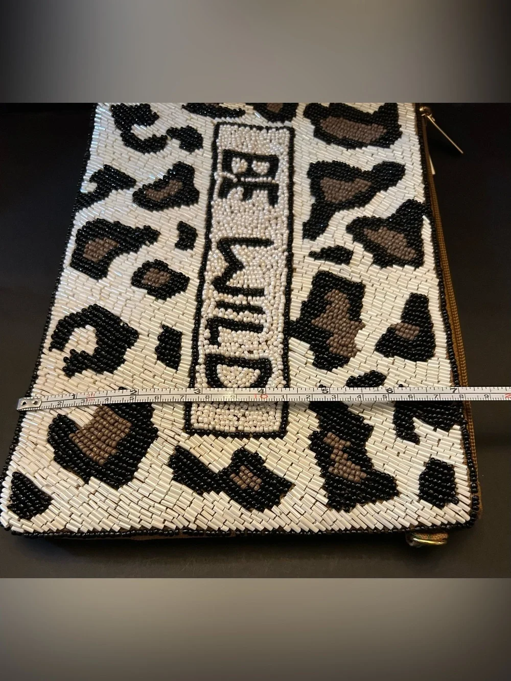 Beaded Leopard Animal Print ‘Be Wild' Zip Clutch- Black, Off-White & Brown